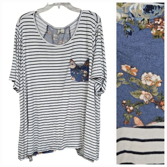 Cato 26/28 Plus Size White Striped Blue Floral Blouse Casual Knit Tee Summer Top - Picture 1 of 11